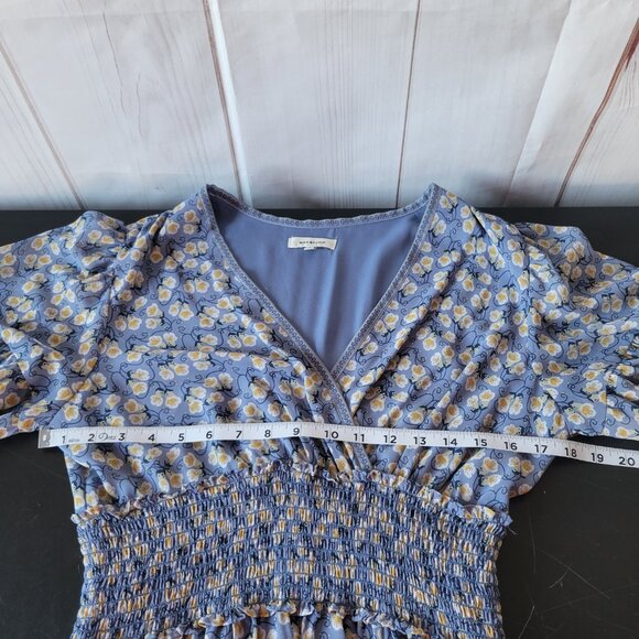 Max Studio V-Neck Babydoll Midi Dress, M, Light Blue Floral, Bell Short Sleeve - Picture 7 of 9